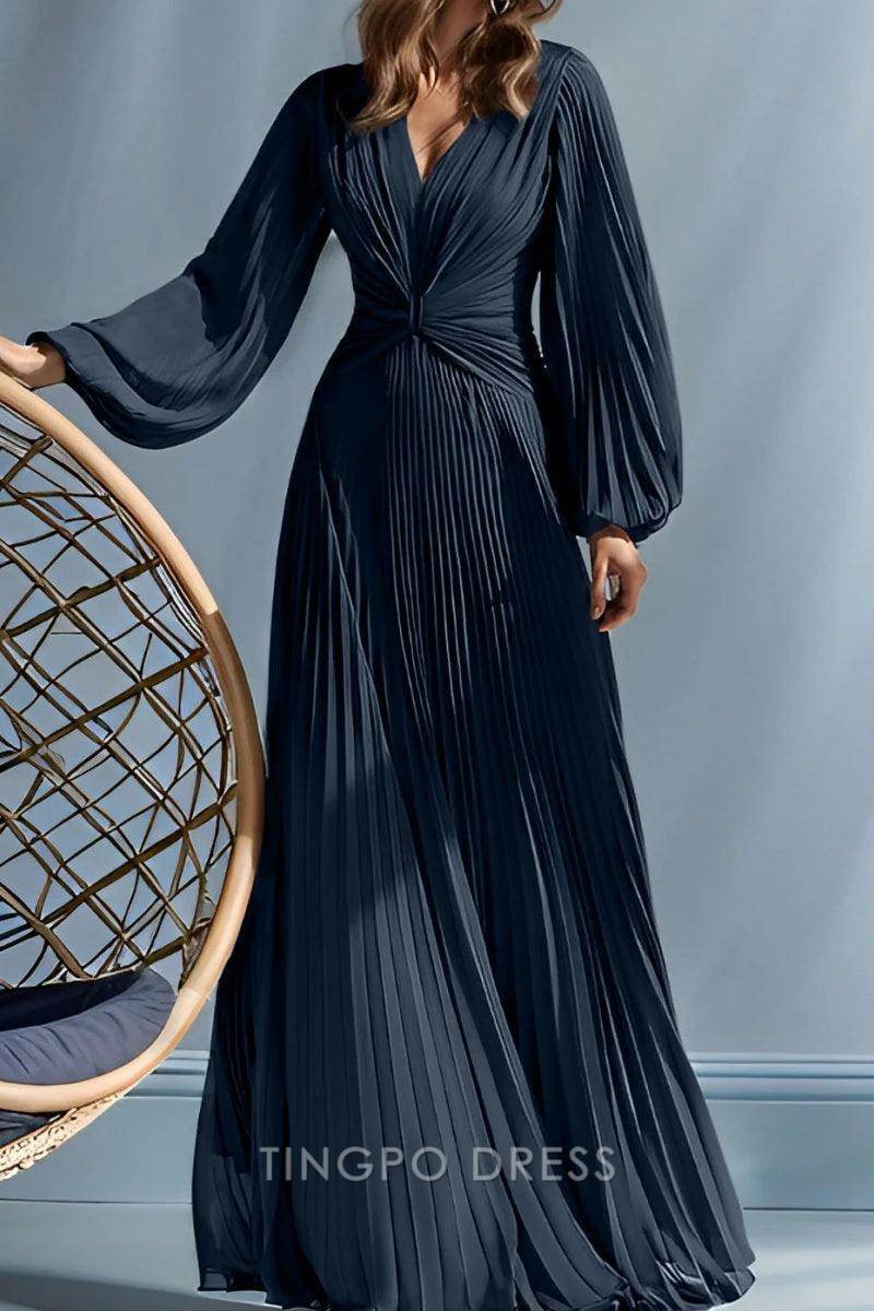 Elegant Plunging V - Neck Pleated Balloon Sleeve Maxi Dress with Open Back Prom Dress